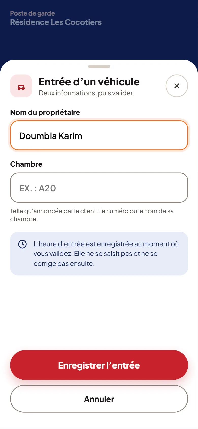 Capture d’écran de l’espace Sécurité : Entrée d’un véhicule